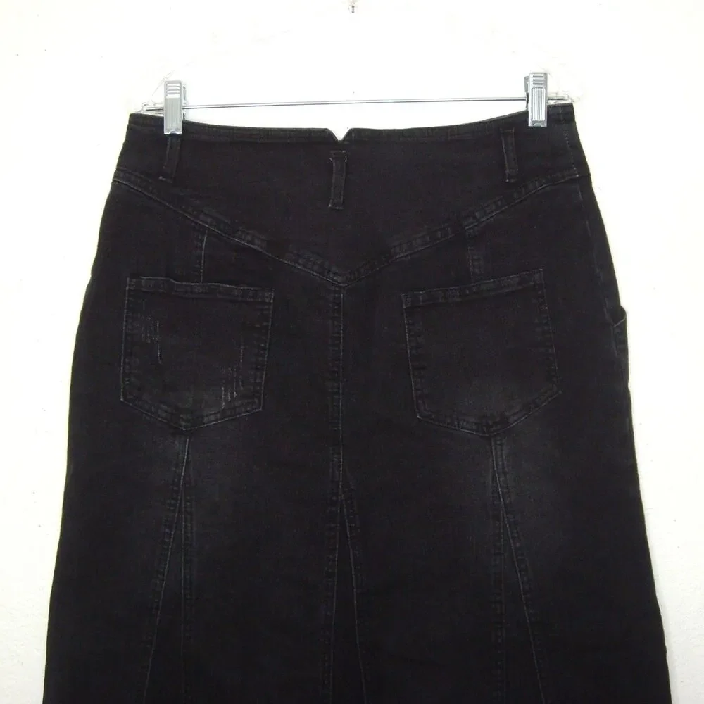 CHARTOU Black Denim Maxi Skirt ButtonFly Size XL Retro A-Line Y2K/90s Distressed